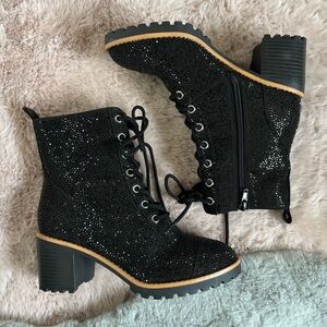 Inc samira black embellished rhinestone lace up combat booties boots